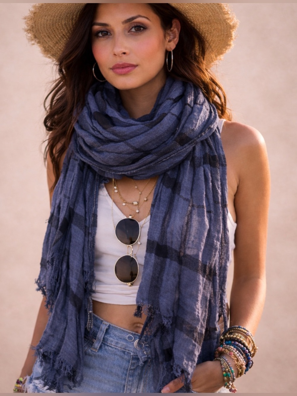 Universal Thread Dark Blue Plaid Lightweight Fringe Scarf | Soft Gauzy Wrap